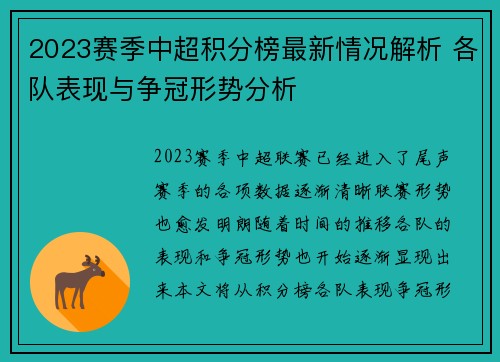 2023赛季中超积分榜最新情况解析 各队表现与争冠形势分析