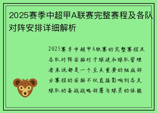 2025赛季中超甲A联赛完整赛程及各队对阵安排详细解析