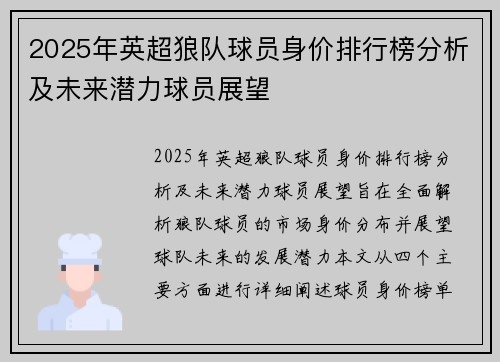 2025年英超狼队球员身价排行榜分析及未来潜力球员展望