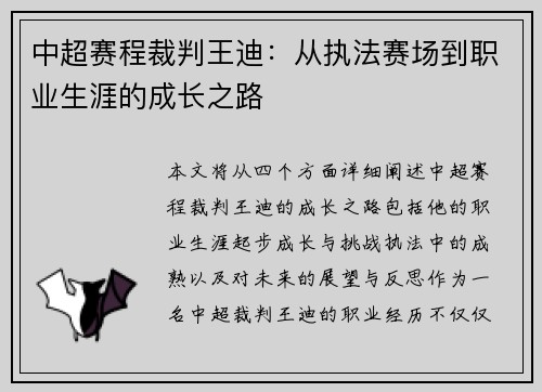 中超赛程裁判王迪：从执法赛场到职业生涯的成长之路